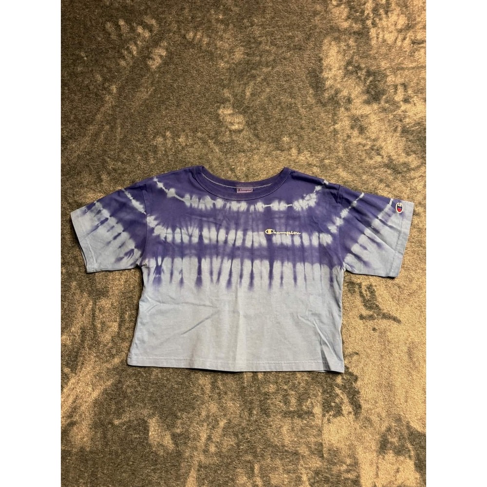 Champion Cropped T-Shirt Women XS Purple Blue Tie Dye Ombre Script Logo Tee